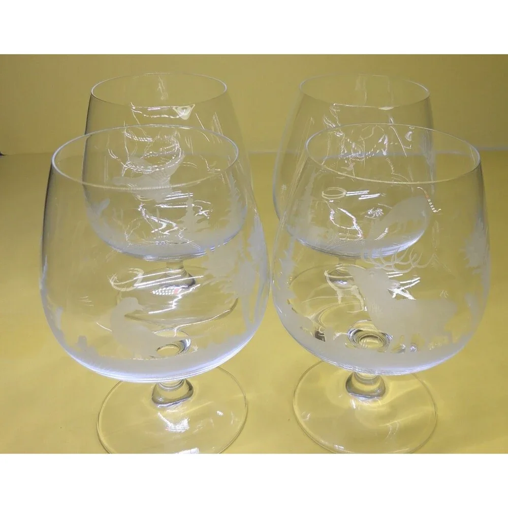Set Of 4 Brandy Snifters Etched Animals Birds Cognac Glasses Wildlife Glasses 6